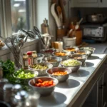 Bancada de cozinha com tigelas de ingredientes picados, potes de temperos e utensílios alinhados