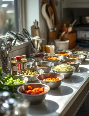 Bancada de cozinha com tigelas de ingredientes picados, potes de temperos e utensílios alinhados