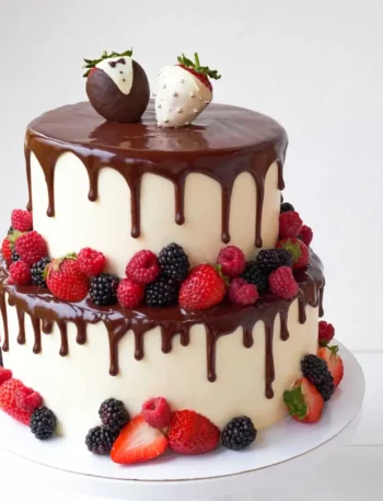 Bolo de dois andares com cobertura de chocolate brilhante totalmente lisa e uniforme