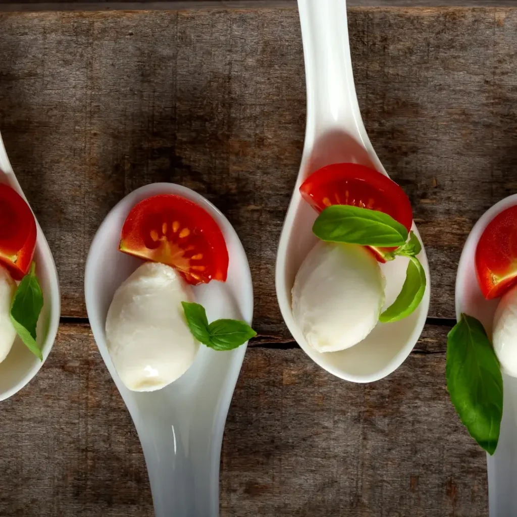 Colheres de porcelana com tomate cereja, mussarela de búfala e manjericão