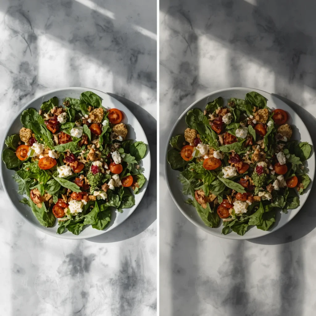 Comparação de duas fotos da mesma salada uma com sombras fortes e outra com luz suave e uniforme