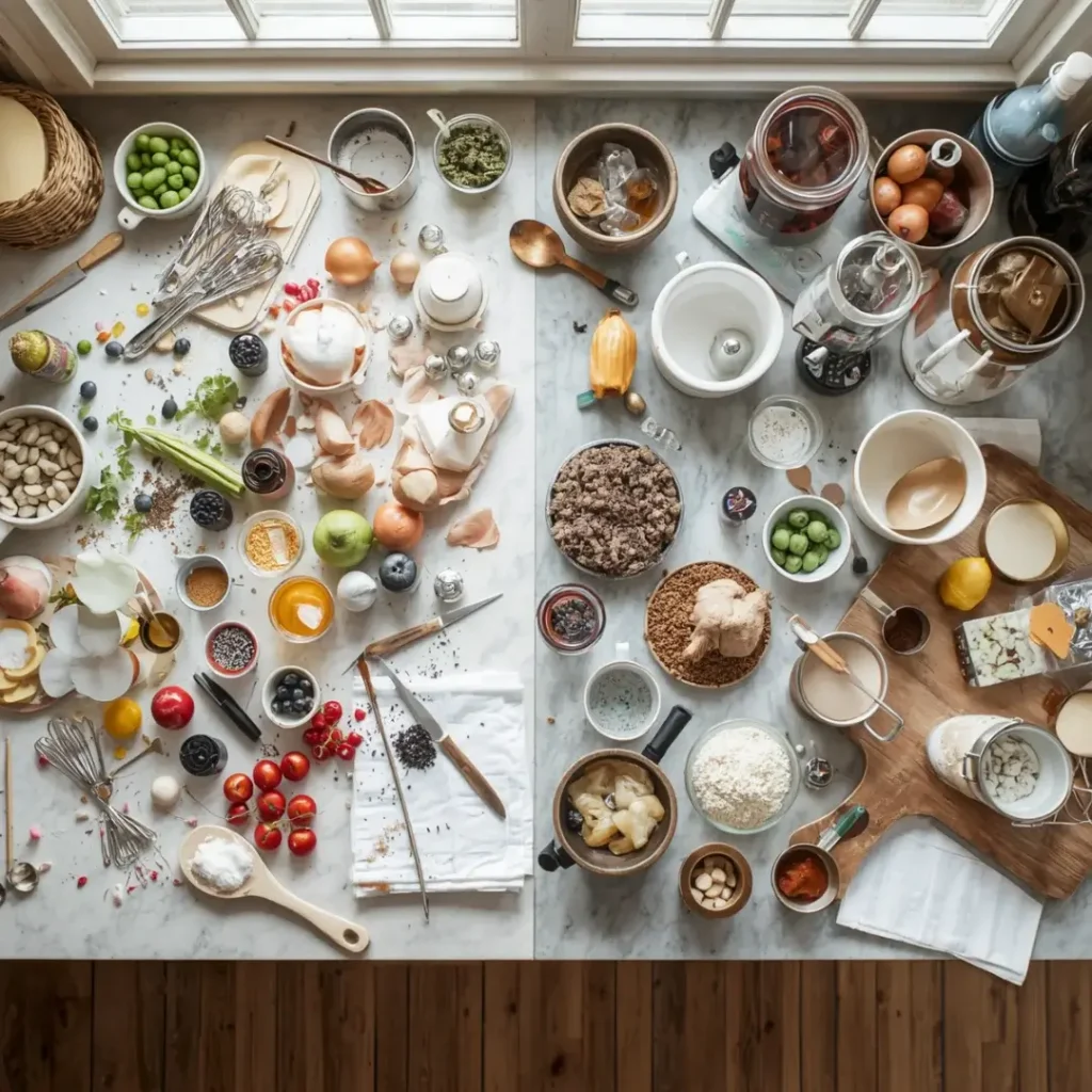 Comparação entre bancada bagunçada com ingredientes espalhados e bancada limpa com tudo organizado