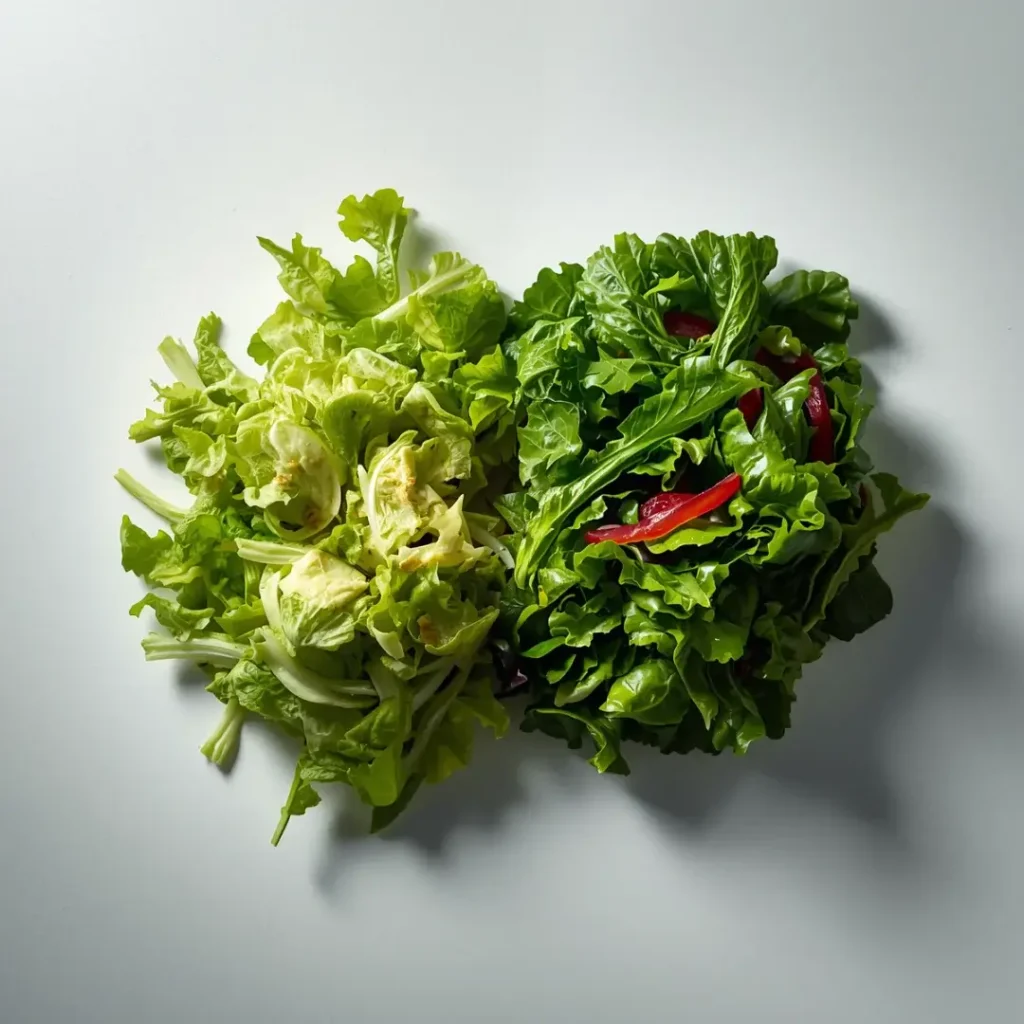 Comparação entre duas porções de salada uma murcha (sem o truque) e outra crocante (com o truque)