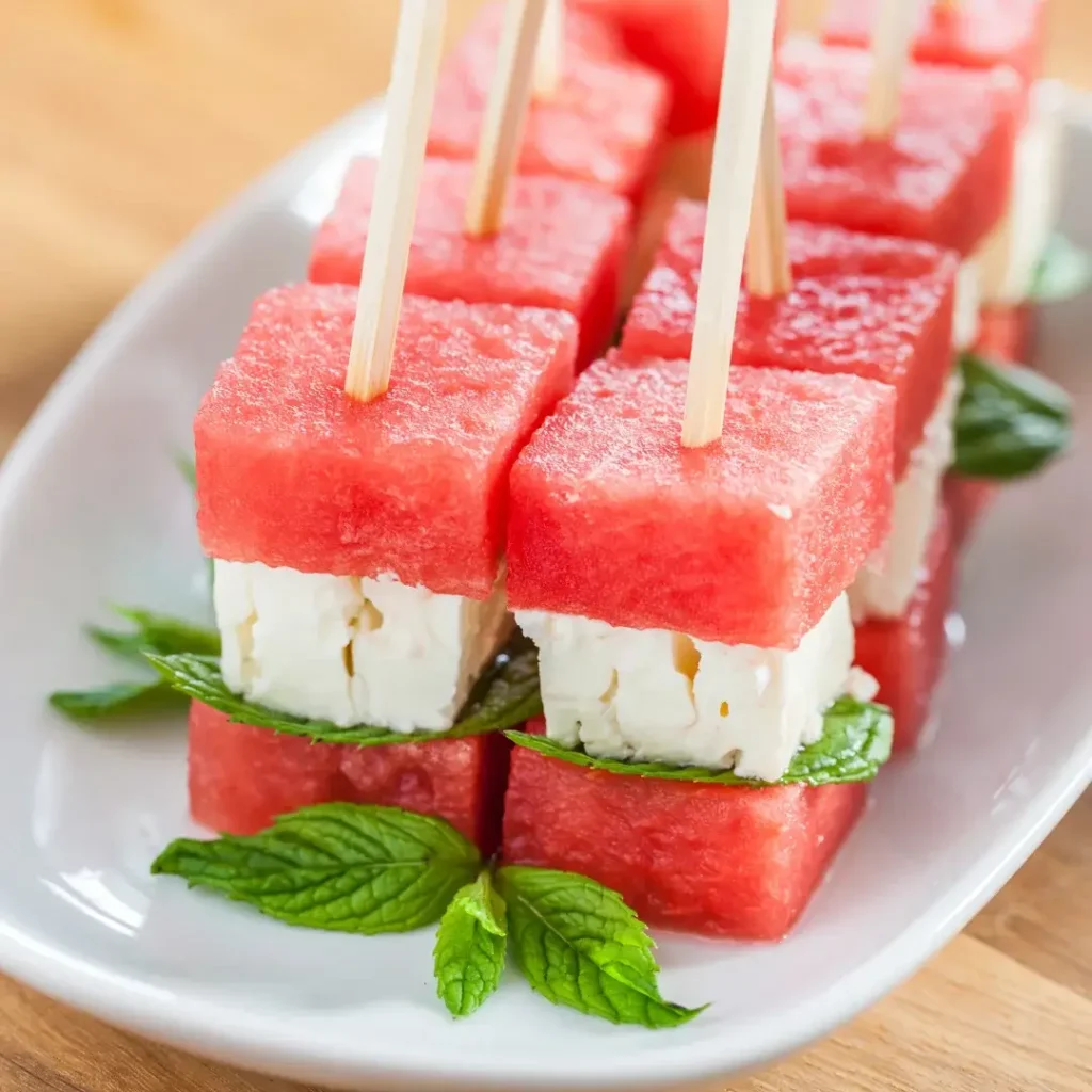 Espetos de madeira alternando cubos de melancia, queijo feta branco e folhas de hortelã