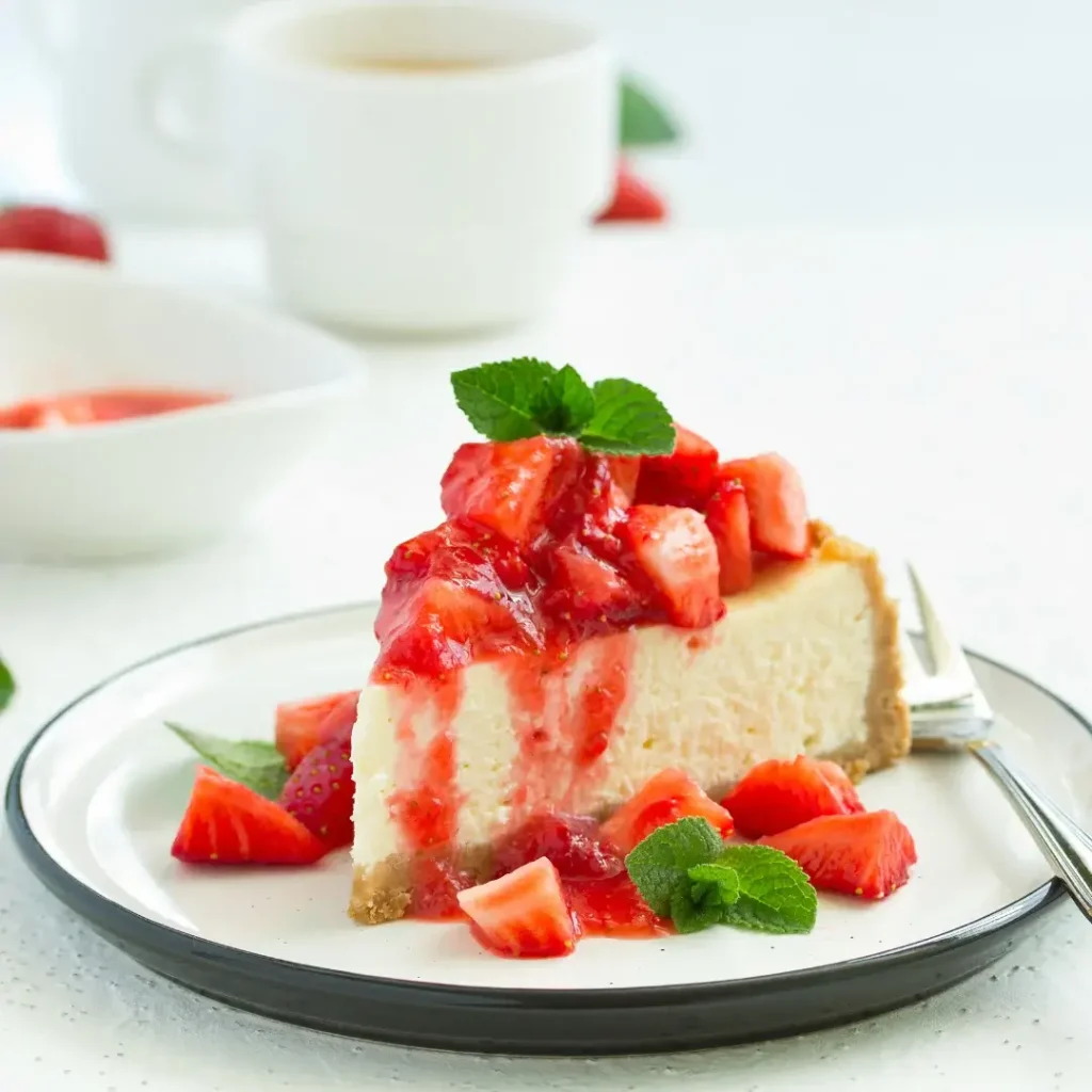 Fatia de cheesecake com calda vermelha e uma folha de hortelã