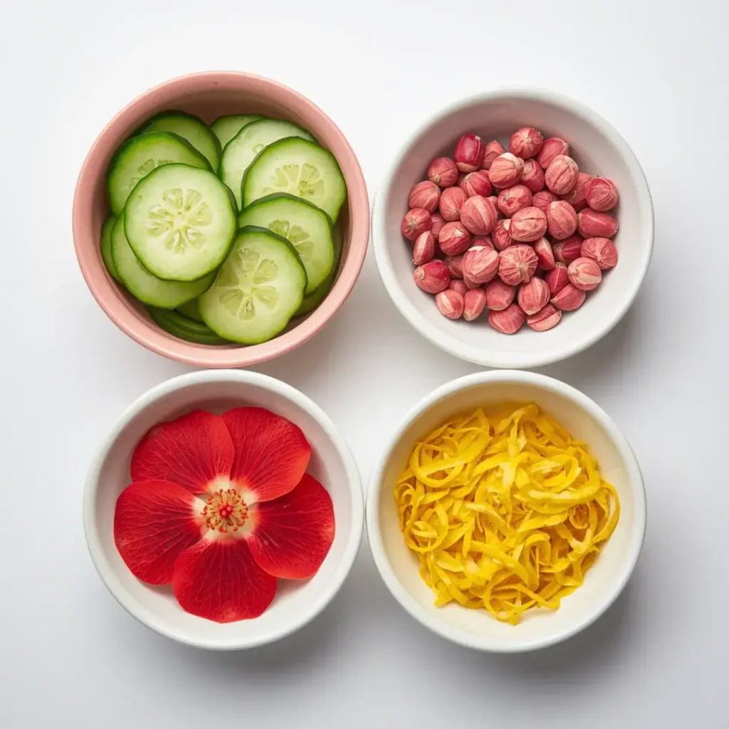 Fatias de pepino, pimenta rosa, flor de hibisco e raspas de limão em pequenas tigelas