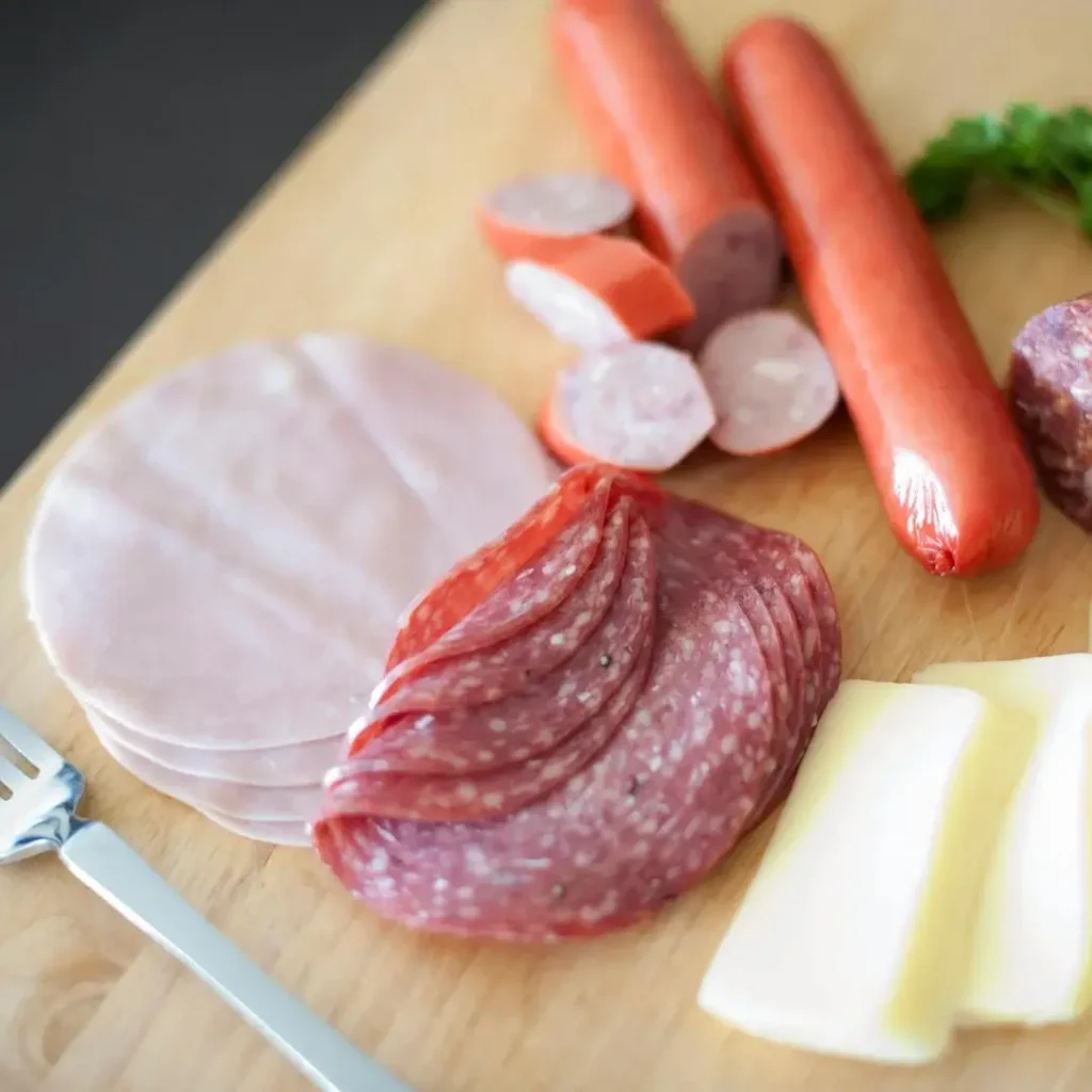 Fatias de presunto cru e salame dispostas em formato leque sobre tábua