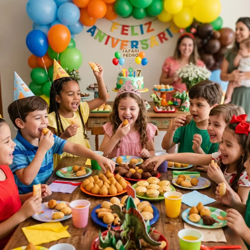 Grupo de crianças ao redor de uma mesa e comendo salgadinhos