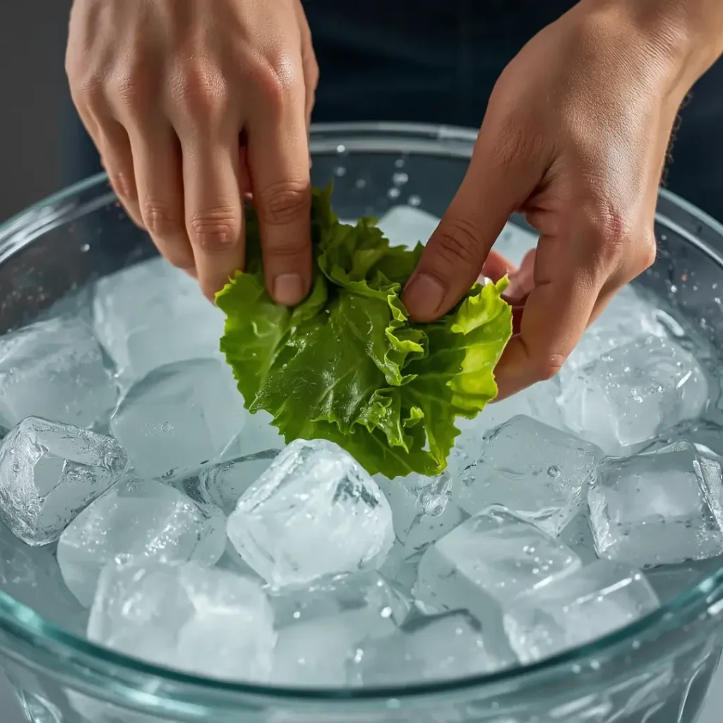 Mãos mergulhando folhas verdes em uma bacia grande com água gelada e cubos de gelo