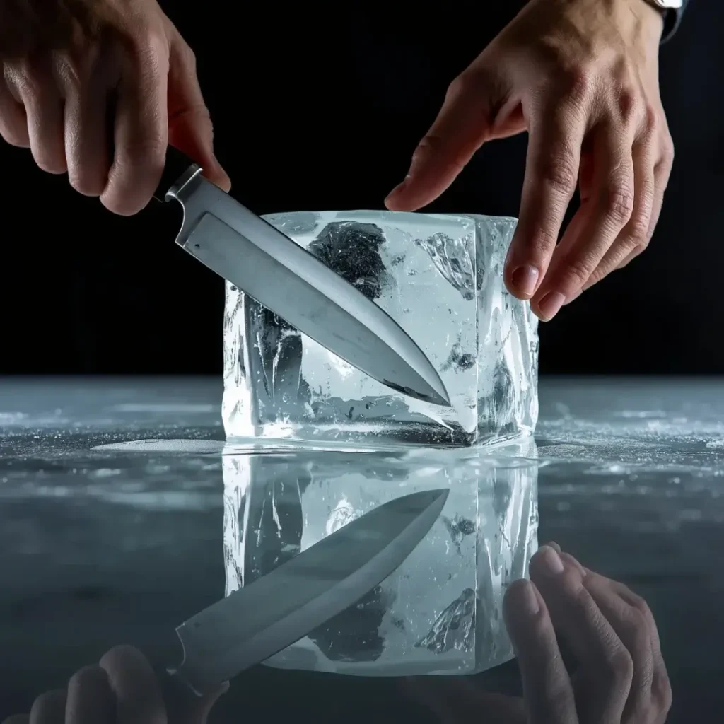 Mãos segurando faca cortando um bloco de gelo totalmente transparente