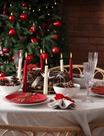 Mesa de jantar de Natal decorada com louças brancas e vermelhas e velas