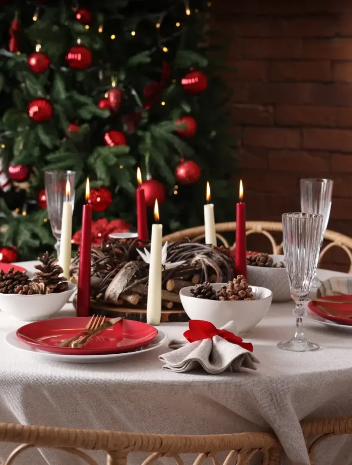 Mesa de jantar de Natal decorada com louças brancas e vermelhas e velas