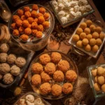 Mesa decorada com bandejas de coxinhas, quibes e bolinhas de queijo
