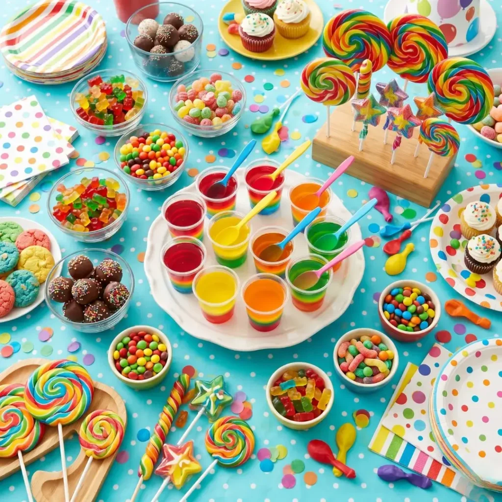 Visão aérea de mesa com doces, pirulitos e copos de gelatina