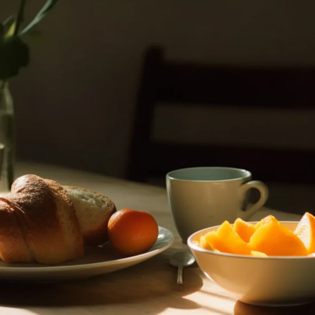 Visão aérea de uma mesa com xícara de café, pão, manteiga e frutas, iluminada por luz natural